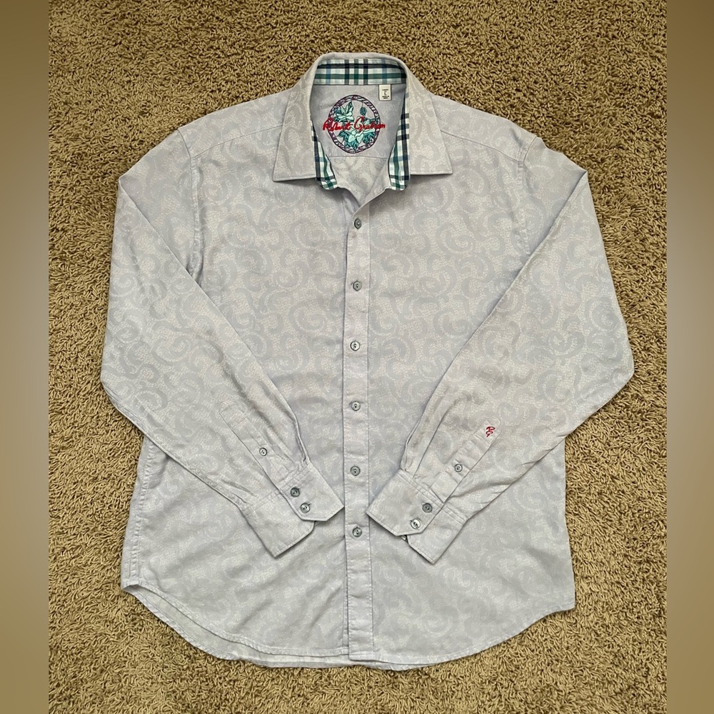 Robert Graham Shirt Mens L Blue Flip Cuff Embossed Paisley Casual Classic Fit